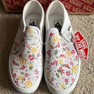 Vans Womens Floral Slip-On Shoes - White and Pink
